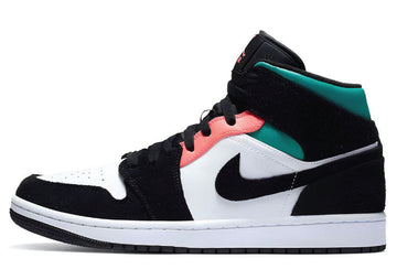 Air Jordan 1 Mid SE South Beach shoe featuring pine green, black and sail white leather with a signature swoosh.