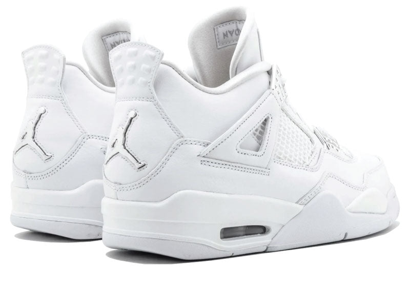 Air Jordan 4 Retro Pure Money shoe featuring an all-white leather upper with white rubber sole, chrome eyelets, and a chrome Jumpman at the heel.