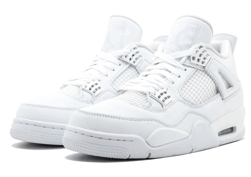 Air Jordan 4 Retro Pure Money shoe featuring an all-white leather upper with white rubber sole, chrome eyelets, and a chrome Jumpman at the heel.