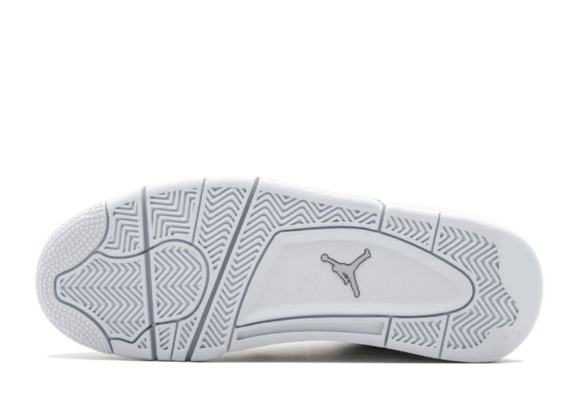 Air Jordan 4 Retro Pure Money shoe featuring an all-white leather upper with white rubber sole, chrome eyelets, and a chrome Jumpman at the heel.