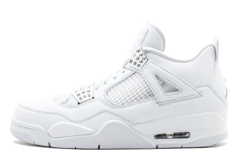 Air Jordan 4 Retro Pure Money shoe featuring an all-white leather upper with white rubber sole, chrome eyelets, and a chrome Jumpman at the heel.