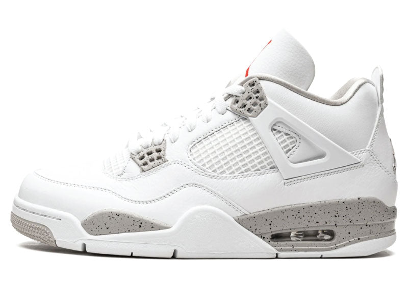 Air Jordan 4 Retro White Oreo basketball shoe with a white upper, grey speckled eyelets, and red Jumpman logo on the tongue.