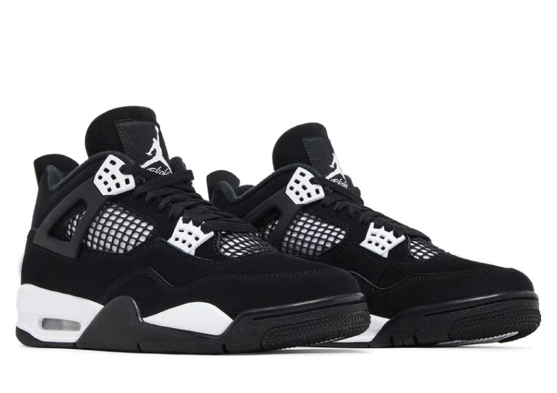 Air Jordan 4 Retro White Thunder shoe featuring a black suede upper with white accents, a white midsole with visible Air-sole heel unit, and a black rubber outsole with herringbone traction.