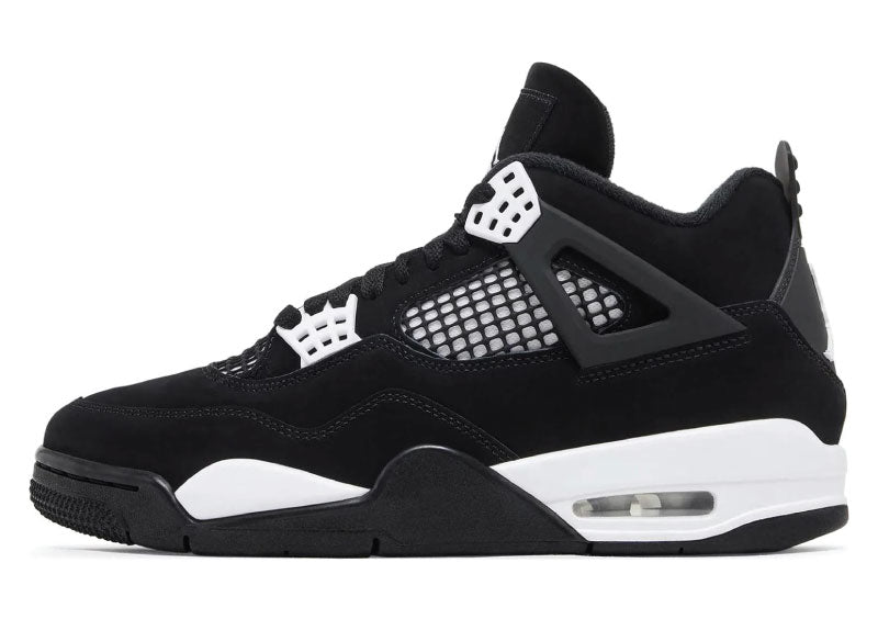 Air Jordan 4 Retro White Thunder shoe featuring a black suede upper with white accents, a white midsole with visible Air-sole heel unit, and a black rubber outsole with herringbone traction.