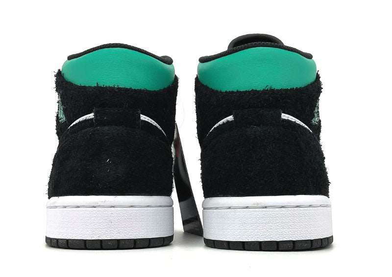 Air Jordan 1 Mid SE South Beach shoe featuring pine green, black and sail white leather with a signature swoosh.