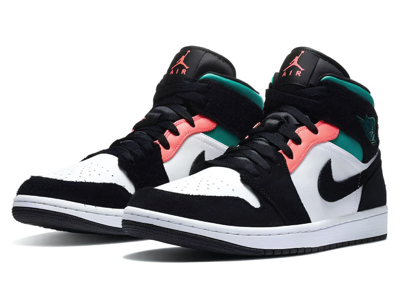 Air Jordan 1 Mid SE South Beach shoe featuring pine green, black and sail white leather with a signature swoosh.