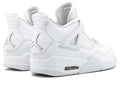 Air Jordan 4 Retro Pure Money shoe featuring an all-white leather upper with white rubber sole, chrome eyelets, and a chrome Jumpman at the heel.