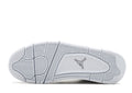 Air Jordan 4 Retro Pure Money shoe featuring an all-white leather upper with white rubber sole, chrome eyelets, and a chrome Jumpman at the heel.