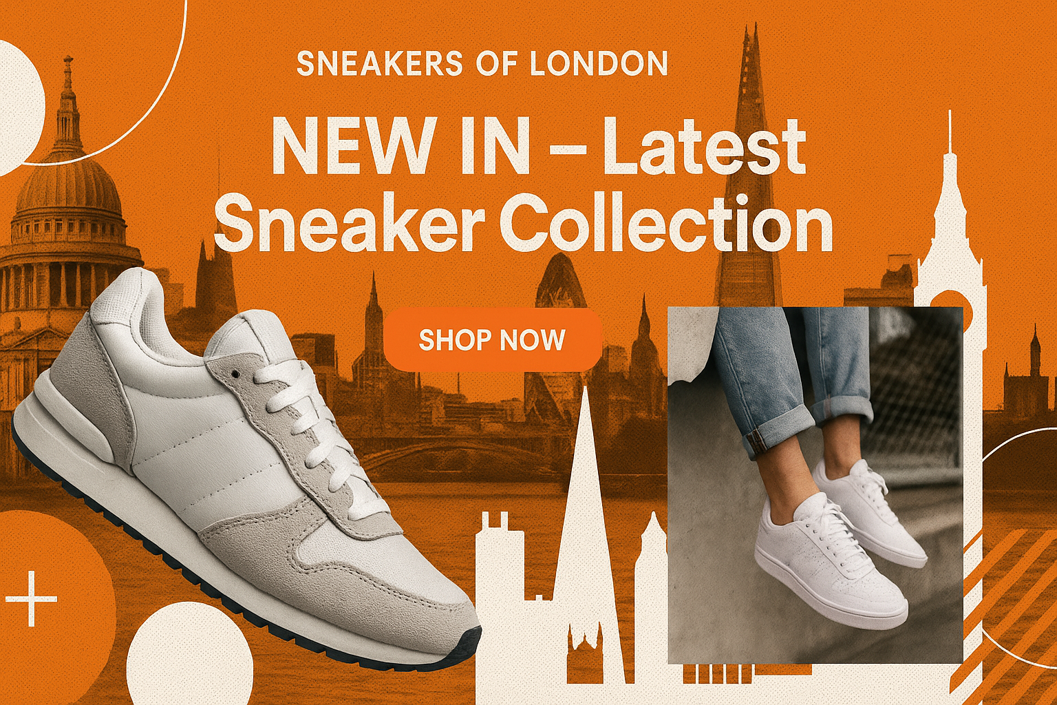 Collage-style hero banner for 'Sneakers of London'. Background: dark London urban street with gritty vibe. Overlay collage panels: 1 close-up sneaker photo, 1 lifestyle shot of sneaker on foot, 1 graphic element (London skyline silhouette), 1 bold graffiti sticker with text. White text overlay: 'NEW IN – Nike Air Max 95 Corteiz Aegean Storm'. Orange rectangular 'Shop Now' button. Modern sneaker marketplace vibe inspired by Size? homepage slider. Ratio 16:9.